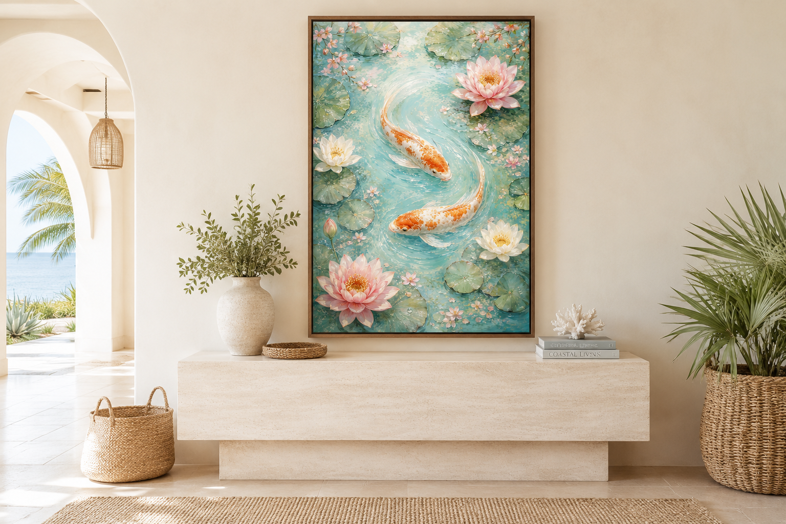 Koi Fish and Water Lilies Vertical Canvas Wall Art For Zen Rooms