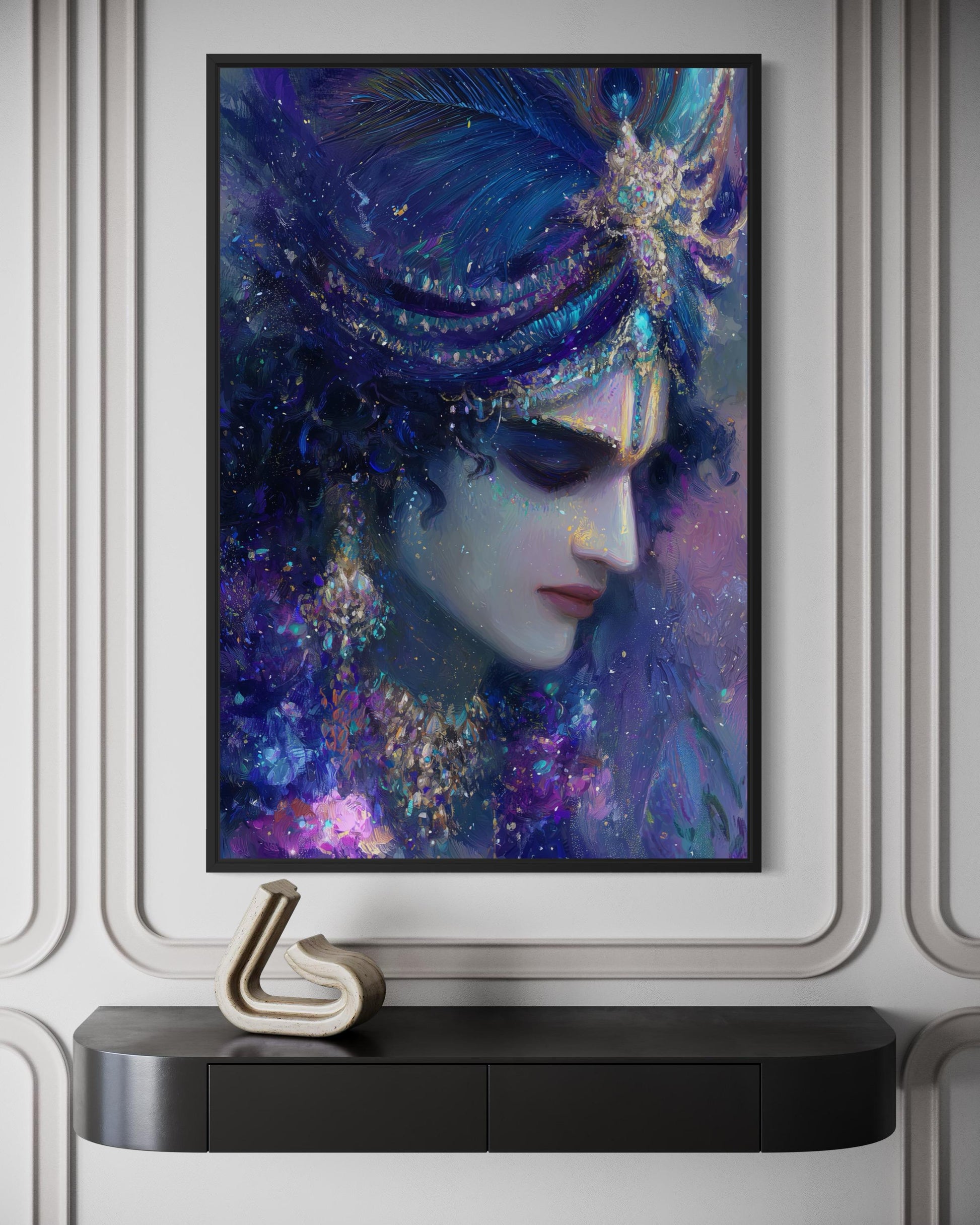 Krishna Wall Art | Blue Purple Portrait Hindu Deity Canvas Print for Meditation Room