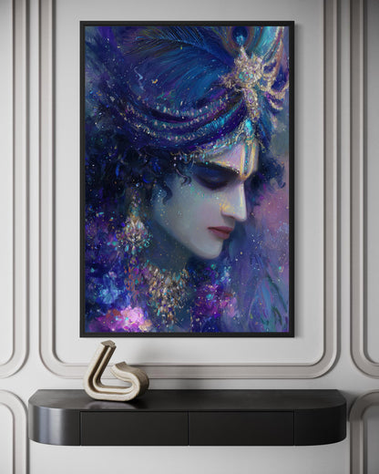 Krishna Wall Art | Blue Purple Portrait Hindu Deity Canvas Print for Meditation Room