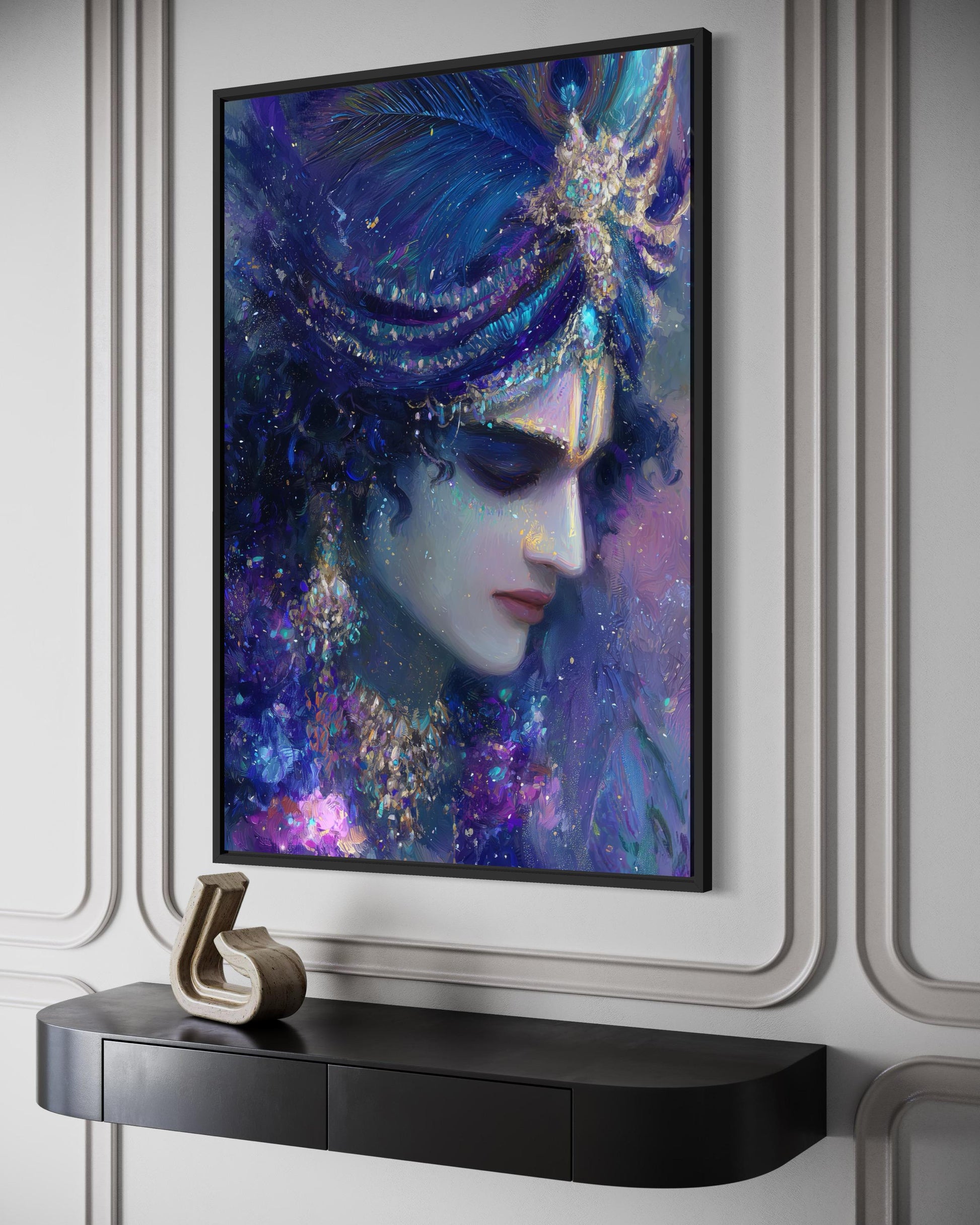Krishna Wall Art | Blue Purple Portrait Hindu Deity Canvas Print for Meditation Room