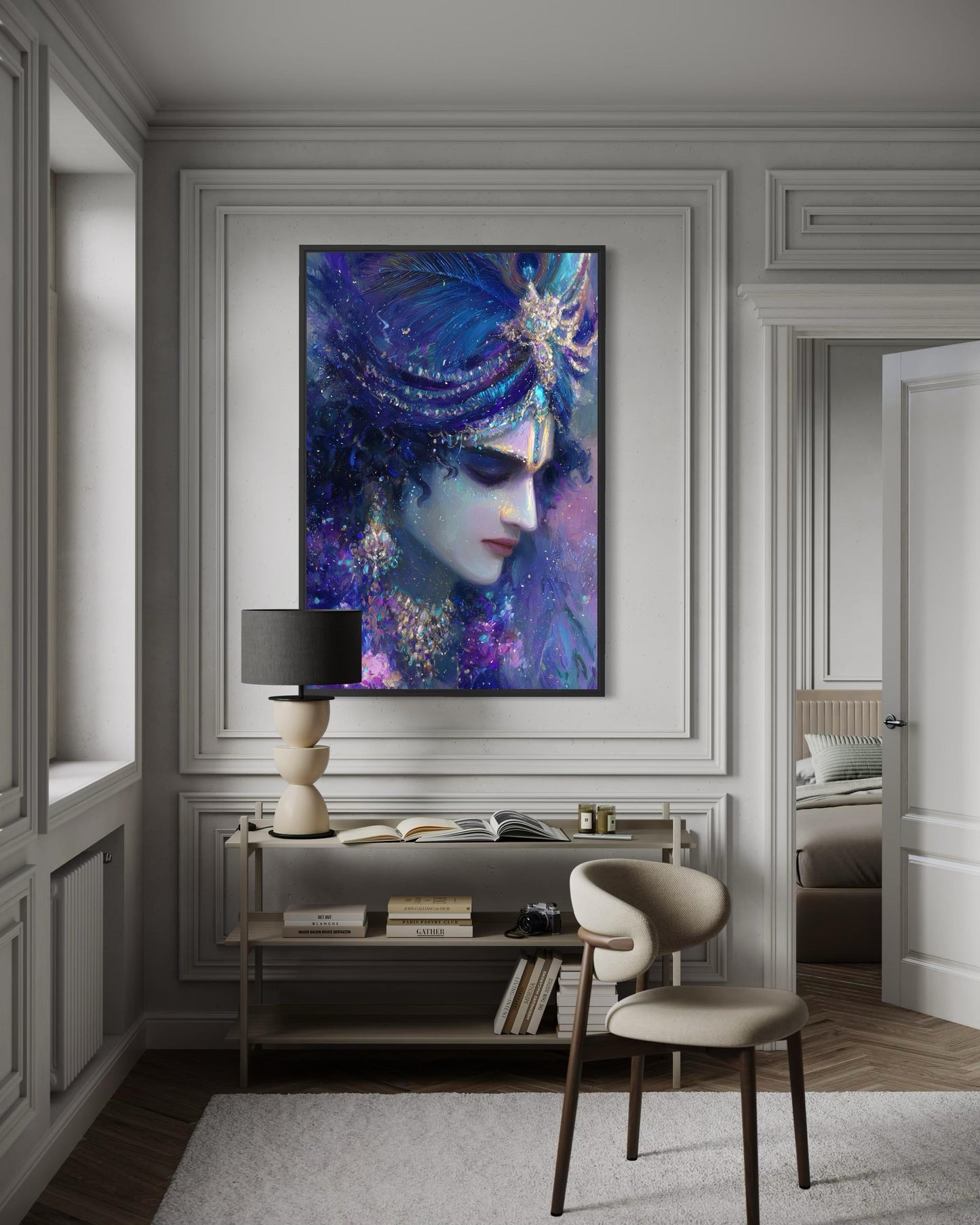 Krishna Wall Art | Blue Purple Portrait Hindu Deity Canvas Print for Meditation Room