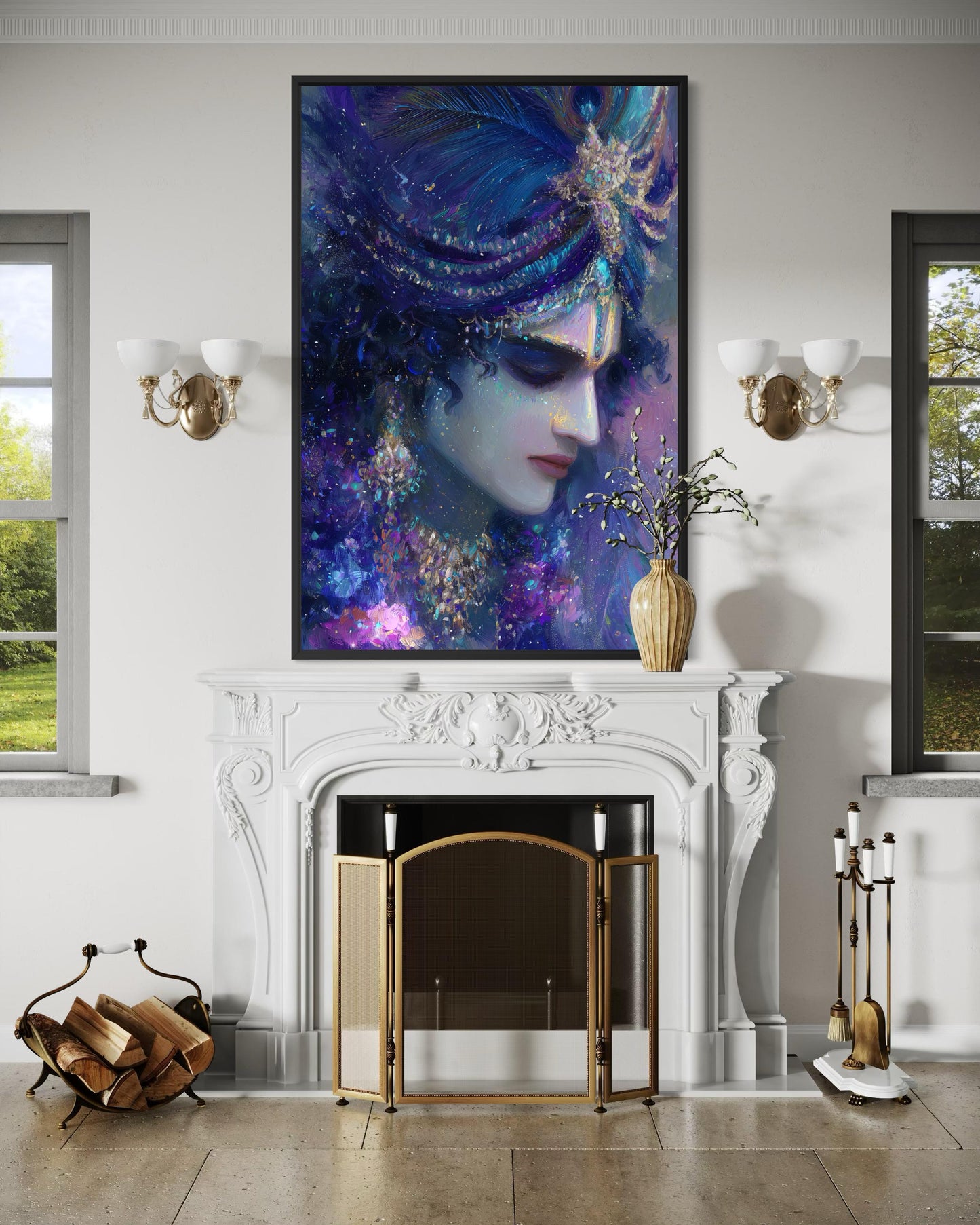 Krishna Wall Art | Blue Purple Portrait Hindu Deity Canvas Print for Meditation Room
