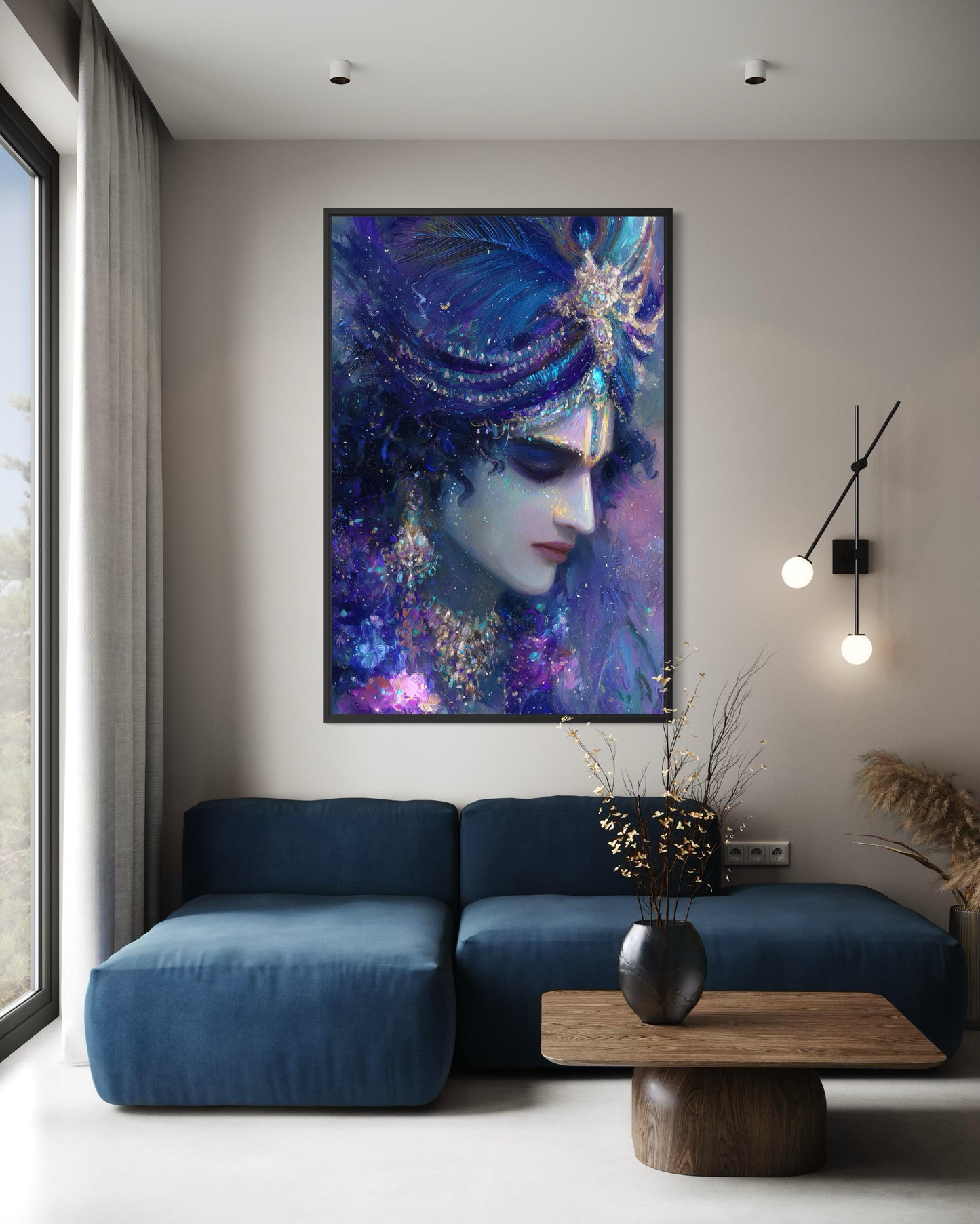 Krishna Wall Art | Blue Purple Portrait Hindu Deity Canvas Print for Meditation Room