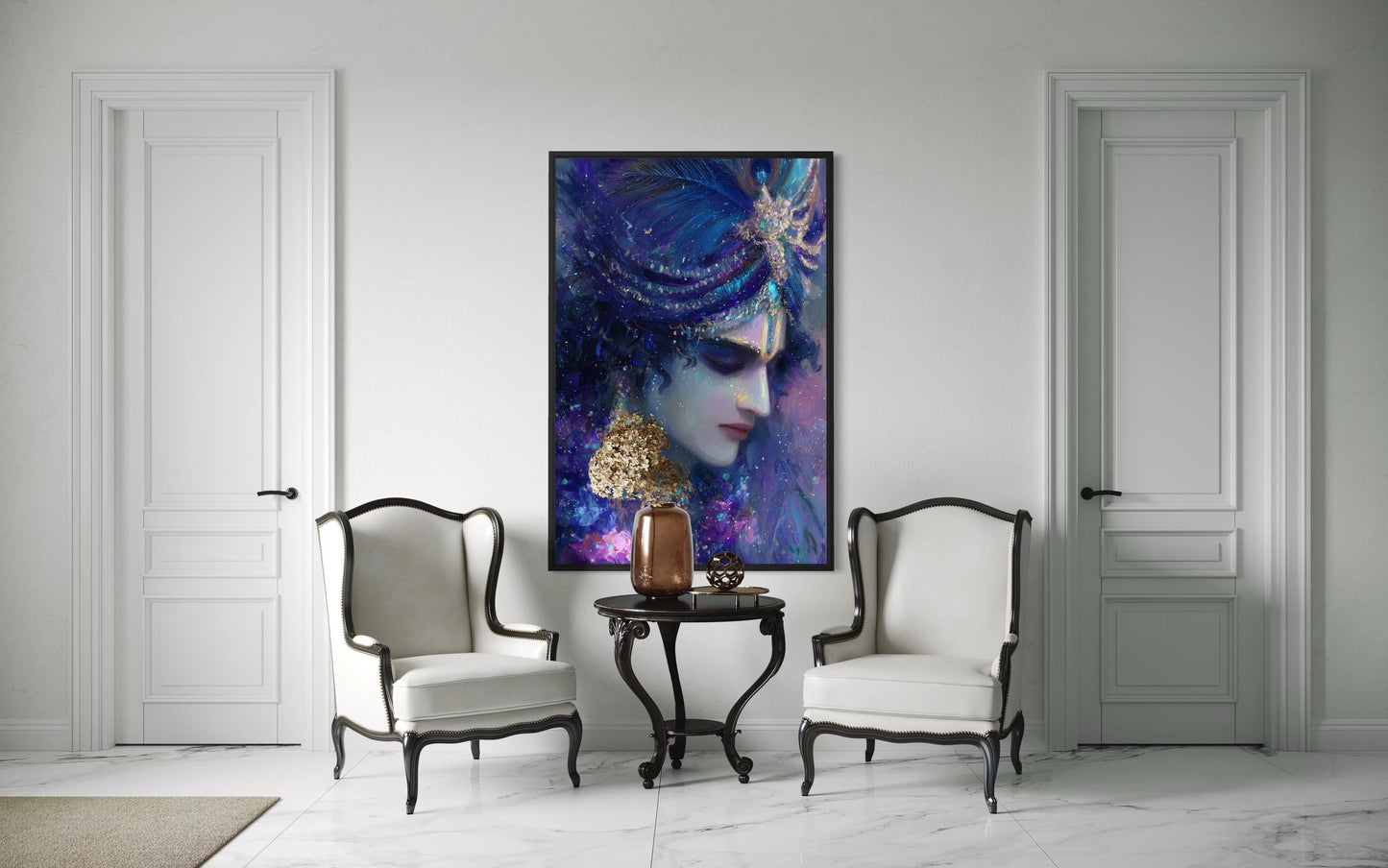 Krishna Wall Art | Blue Purple Portrait Hindu Deity Canvas Print for Meditation Room