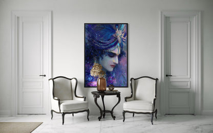 Krishna Wall Art | Blue Purple Portrait Hindu Deity Canvas Print for Meditation Room