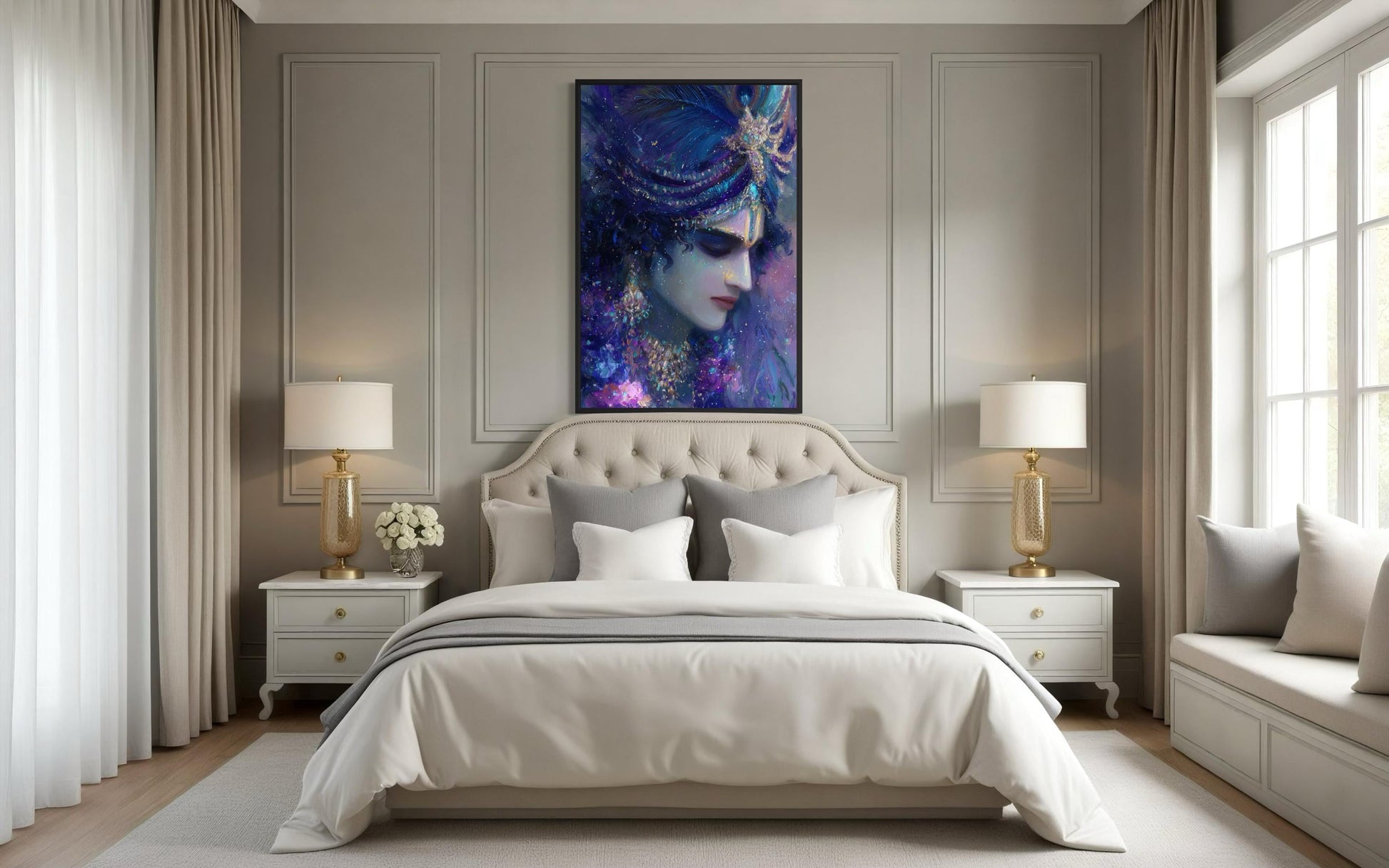 Krishna Wall Art | Blue Purple Portrait Hindu Deity Canvas Print for Meditation Room