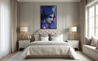 Krishna Wall Art | Blue Purple Portrait Hindu Deity Canvas Print for Meditation Room