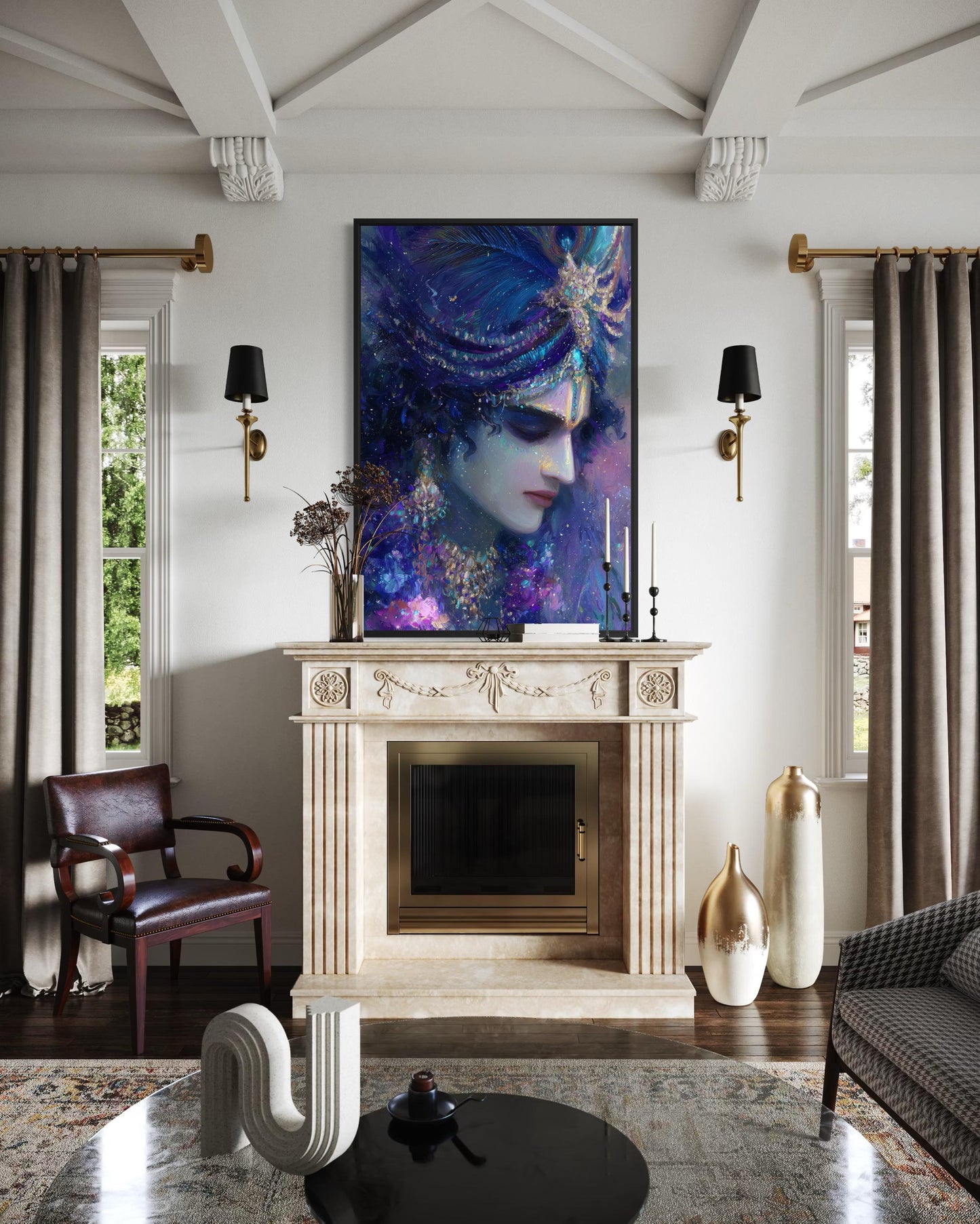 Krishna Wall Art | Blue Purple Portrait Hindu Deity Canvas Print for Meditation Room