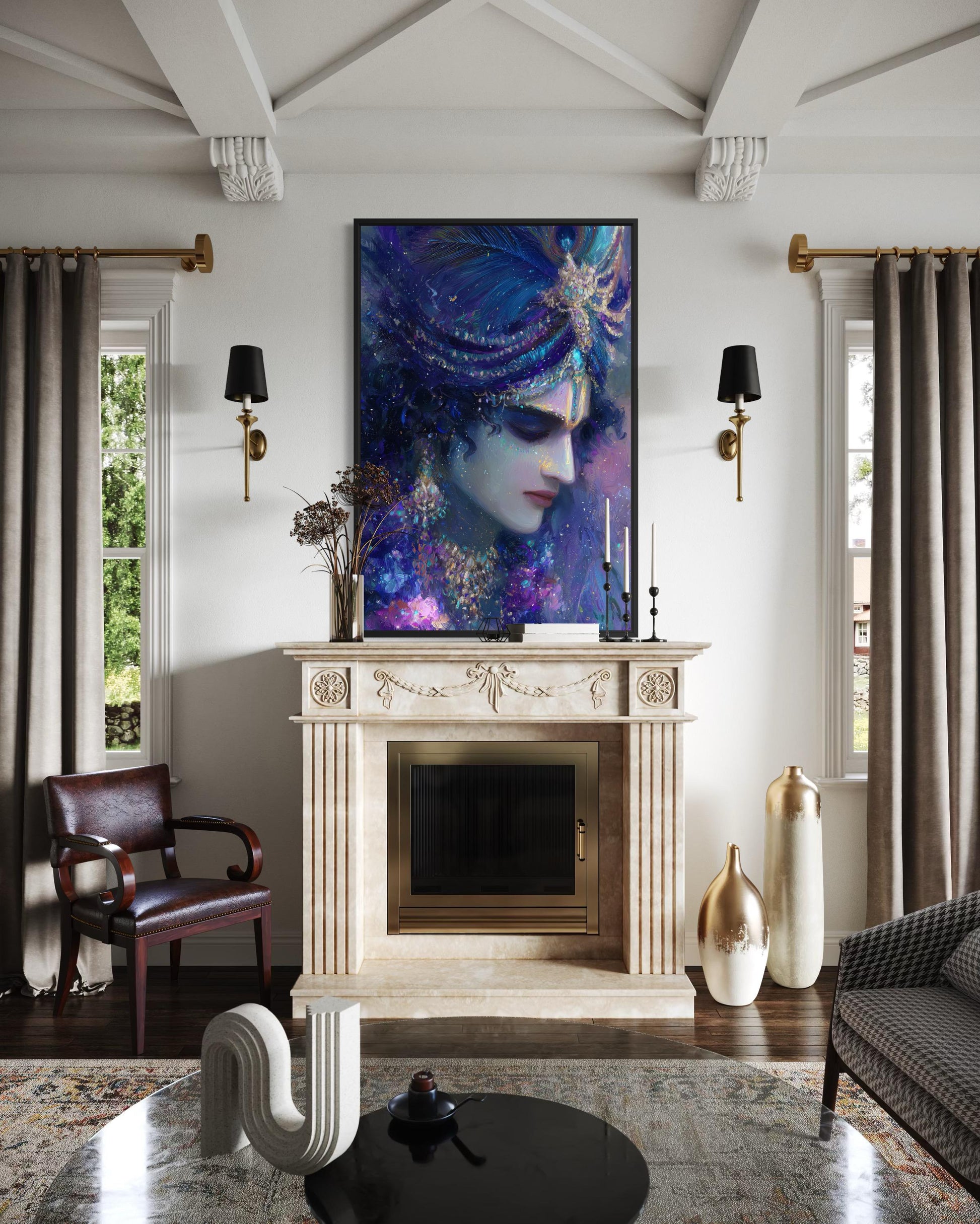 Krishna Wall Art | Blue Purple Portrait Hindu Deity Canvas Print for Meditation Room
