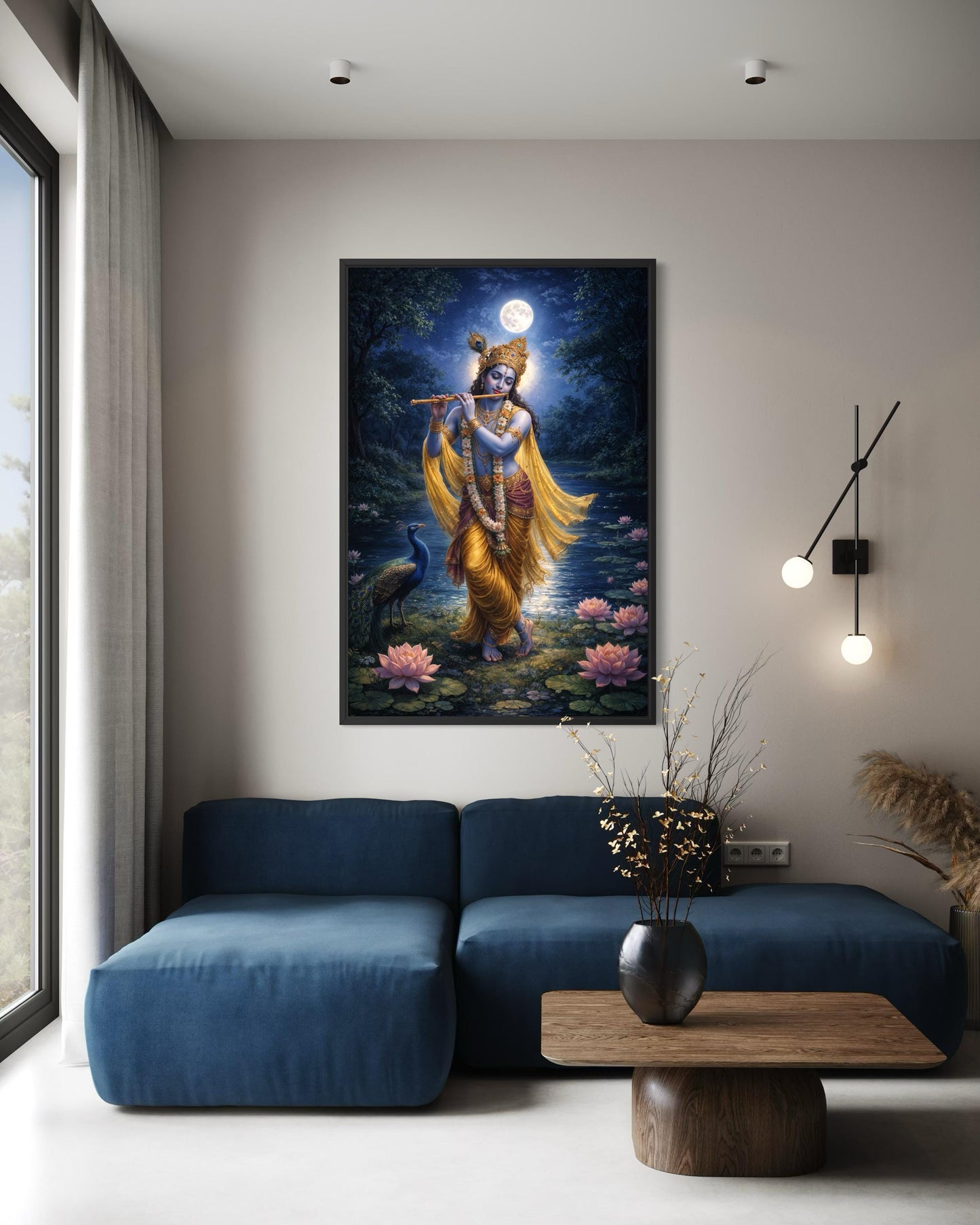 Krishna Wall Art – Indian Deity Painting With Lotus Pond | Meditation Canvas Print