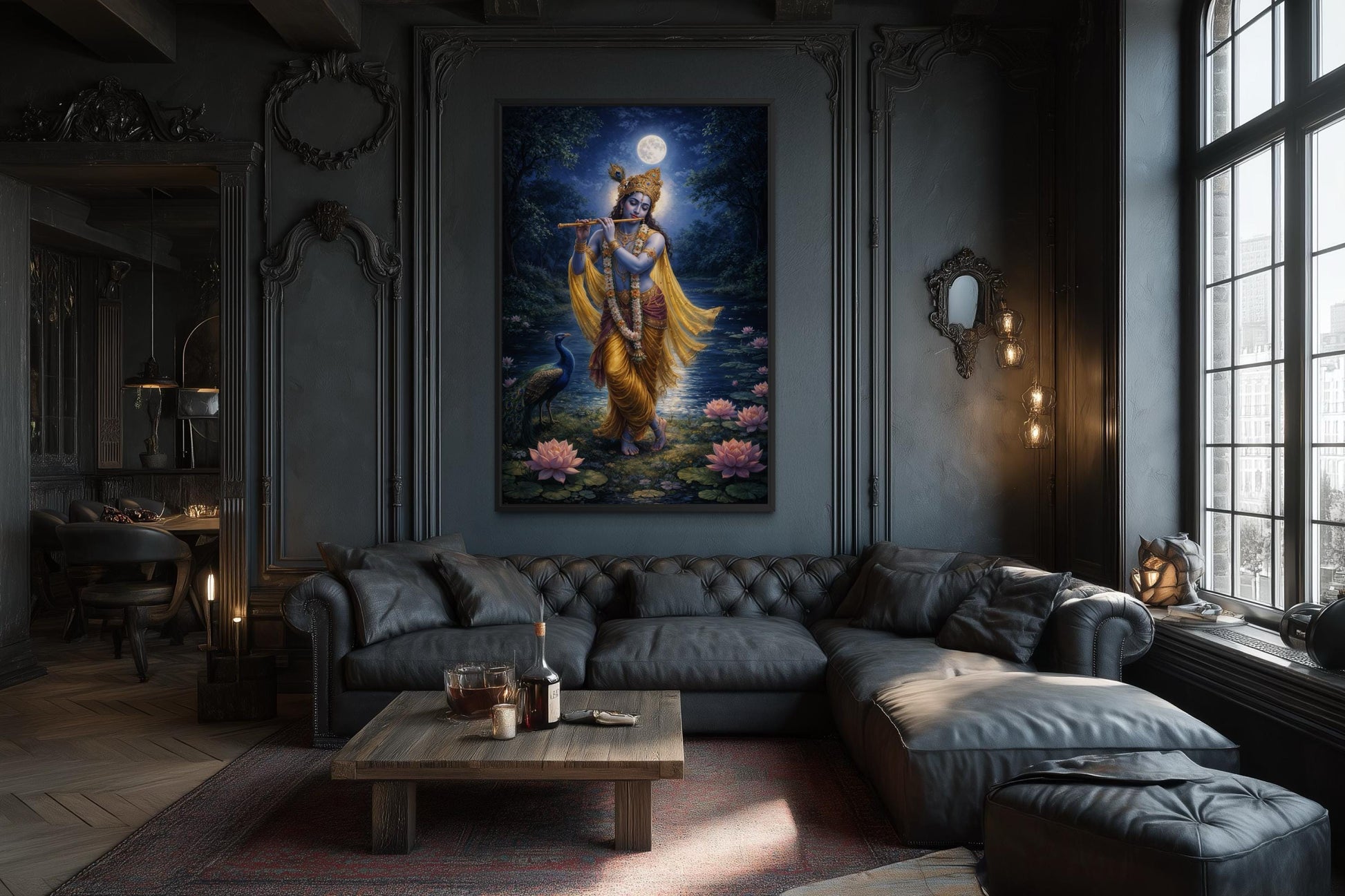 Krishna Wall Art – Indian Deity Painting With Lotus Pond | Meditation Canvas Print