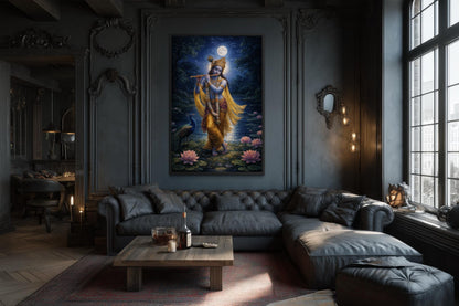 Krishna Wall Art – Indian Deity Painting With Lotus Pond | Meditation Canvas Print