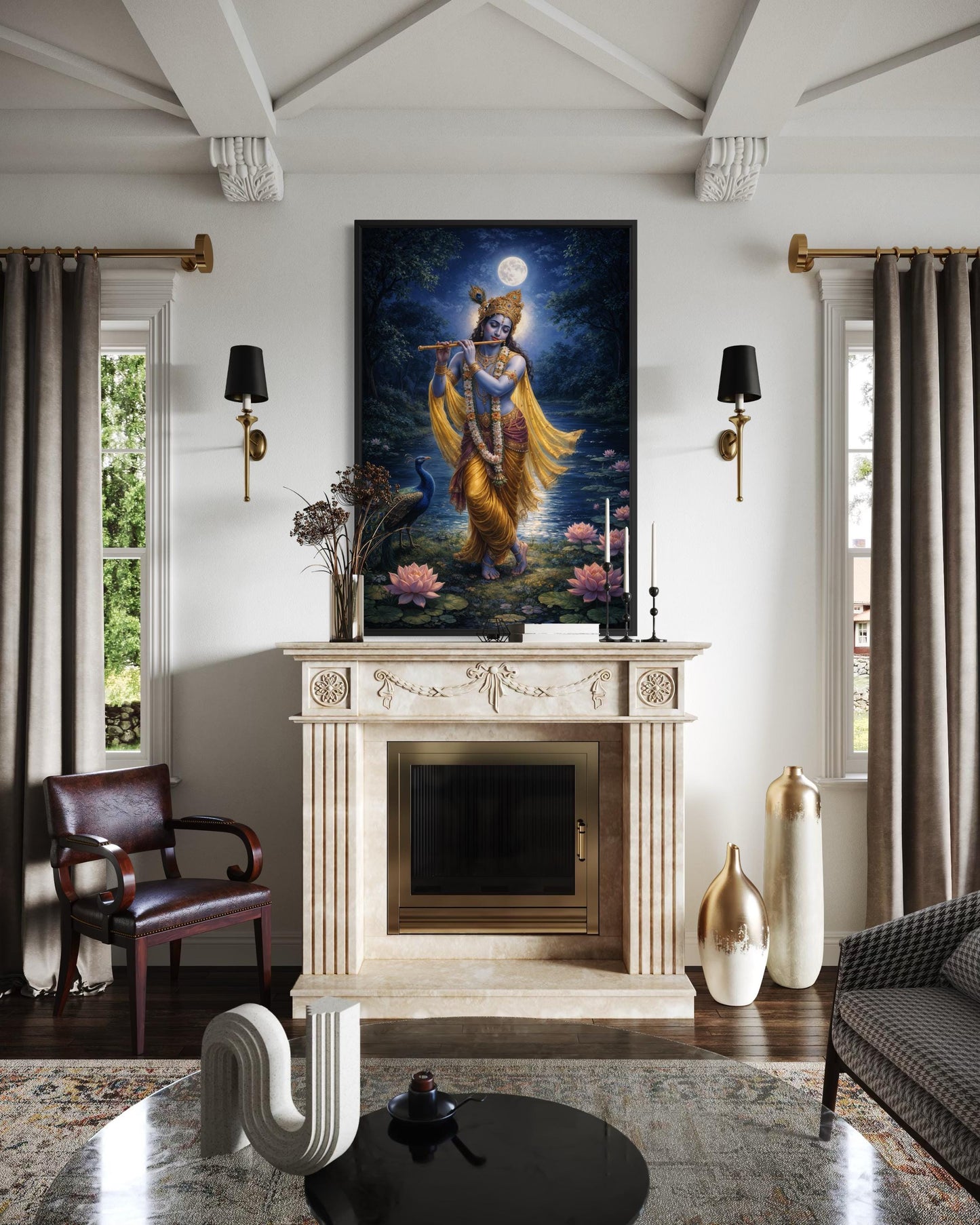 Krishna Wall Art – Indian Deity Painting With Lotus Pond | Meditation Canvas Print