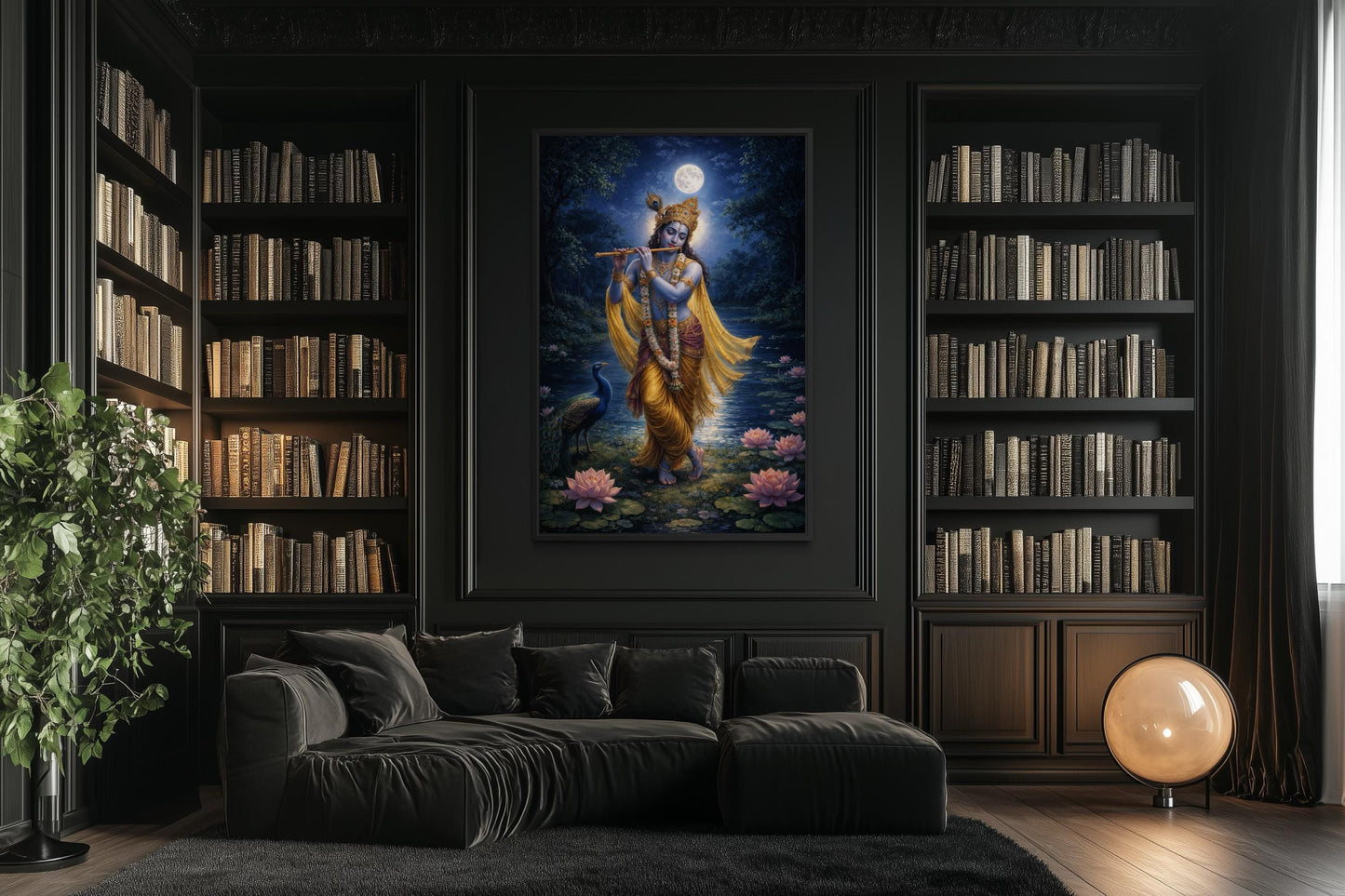 Krishna Wall Art – Indian Deity Painting With Lotus Pond | Meditation Canvas Print