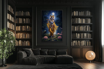 Krishna Wall Art – Indian Deity Painting With Lotus Pond | Meditation Canvas Print