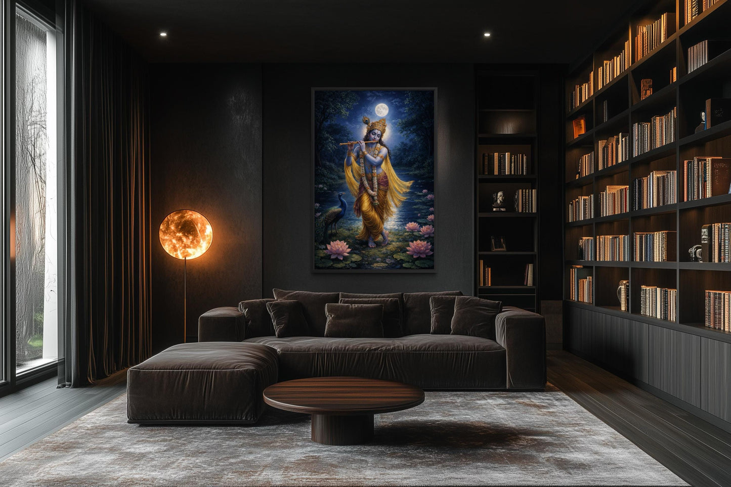 Krishna Wall Art – Indian Deity Painting With Lotus Pond | Meditation Canvas Print
