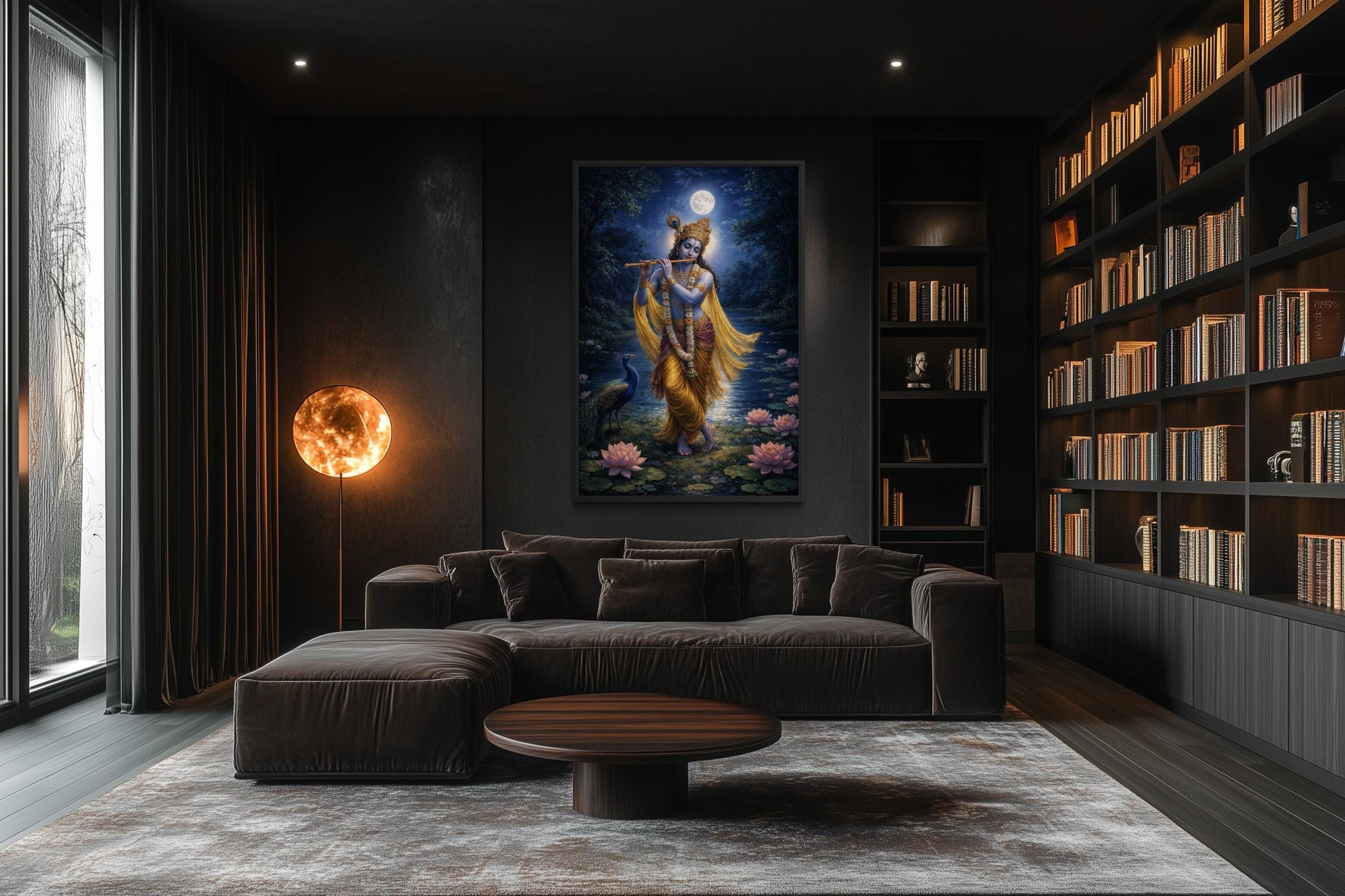 Krishna Wall Art – Indian Deity Painting With Lotus Pond | Meditation Canvas Print