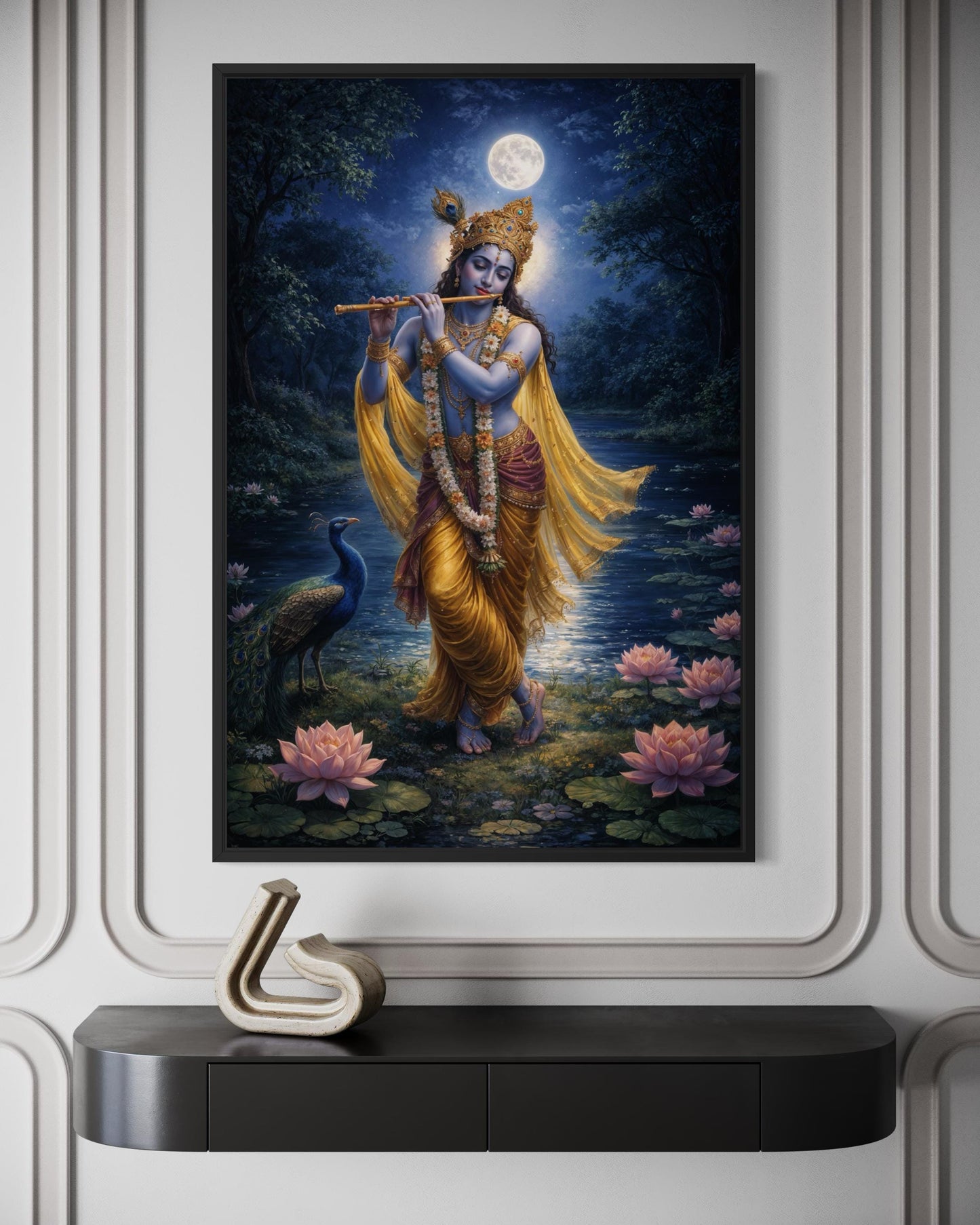 Krishna Wall Art – Indian Deity Painting With Lotus Pond | Meditation Canvas Print