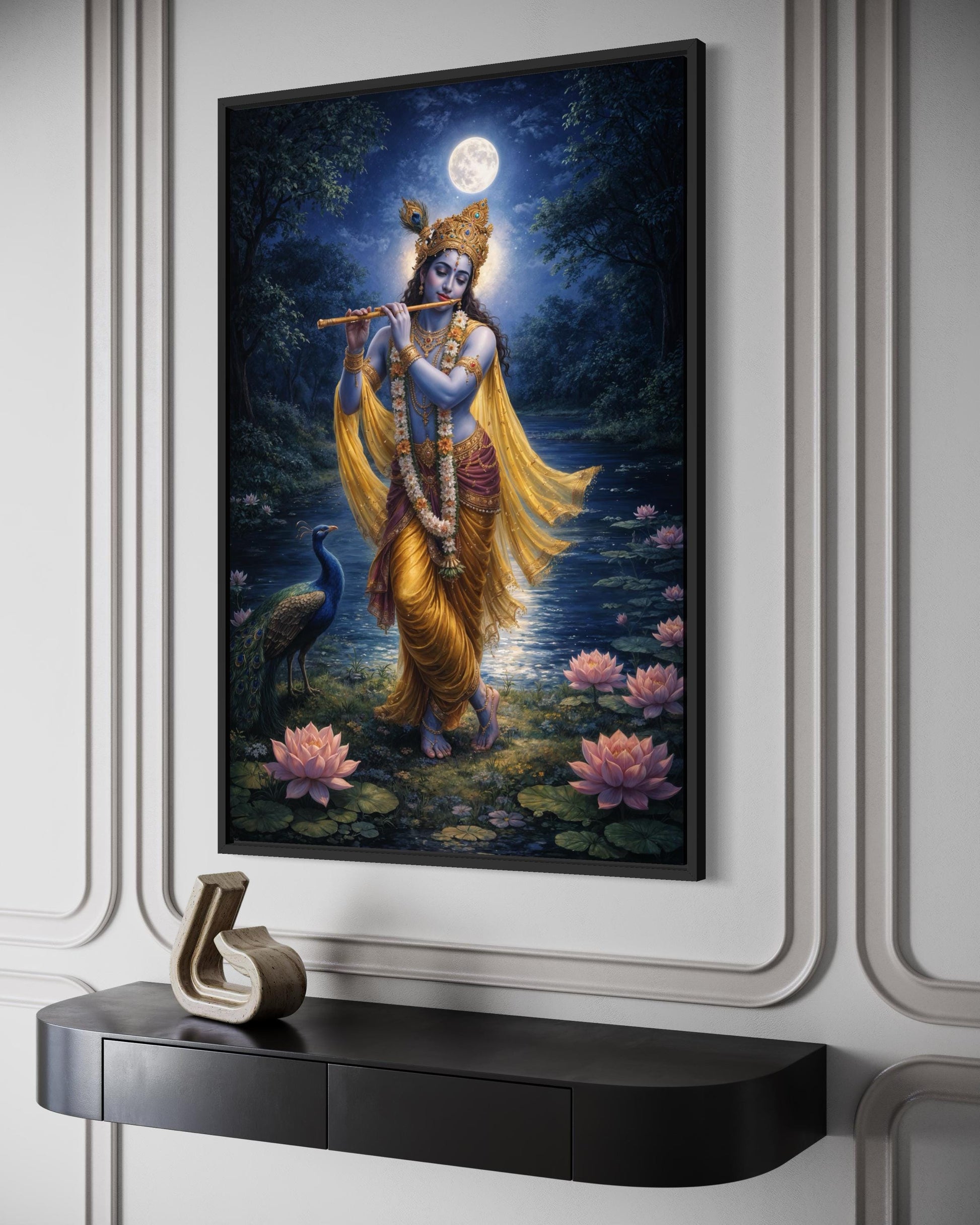 Krishna Wall Art – Indian Deity Painting With Lotus Pond | Meditation Canvas Print