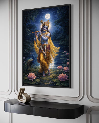 Krishna Wall Art – Indian Deity Painting With Lotus Pond | Meditation Canvas Print