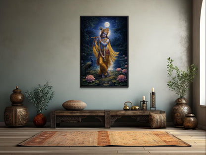Krishna Wall Art – Indian Deity Painting With Lotus Pond | Meditation Canvas Print