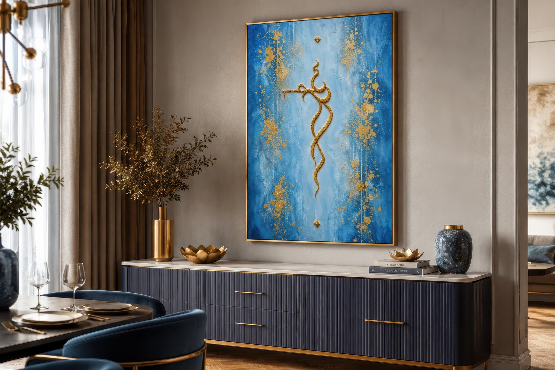 Krishna Wall Art – Minimalist Gold Krishna Painting on Blue Background Canvas Print
