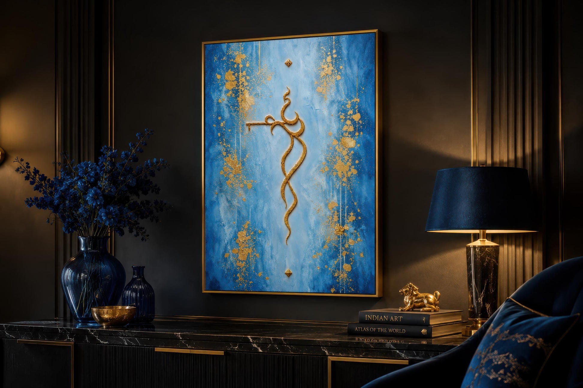 Krishna Wall Art – Minimalist Gold Krishna Painting on Blue Background Canvas Print