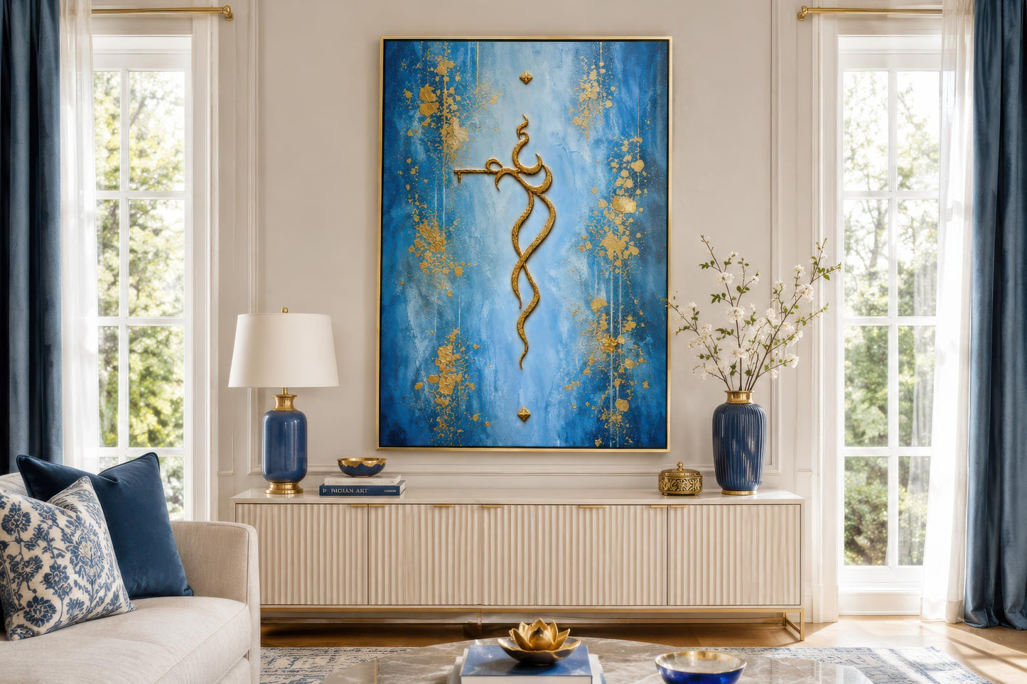 Krishna Wall Art – Minimalist Gold Krishna Painting on Blue Background Canvas Print