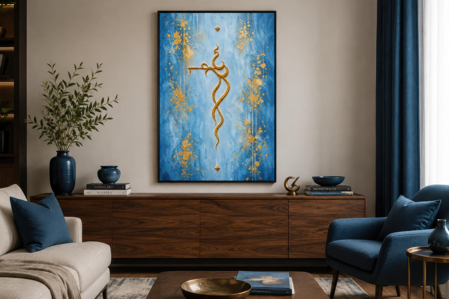 Krishna Wall Art – Minimalist Gold Krishna Painting on Blue Background Canvas Print