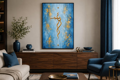 Krishna Wall Art – Minimalist Gold Krishna Painting on Blue Background Canvas Print