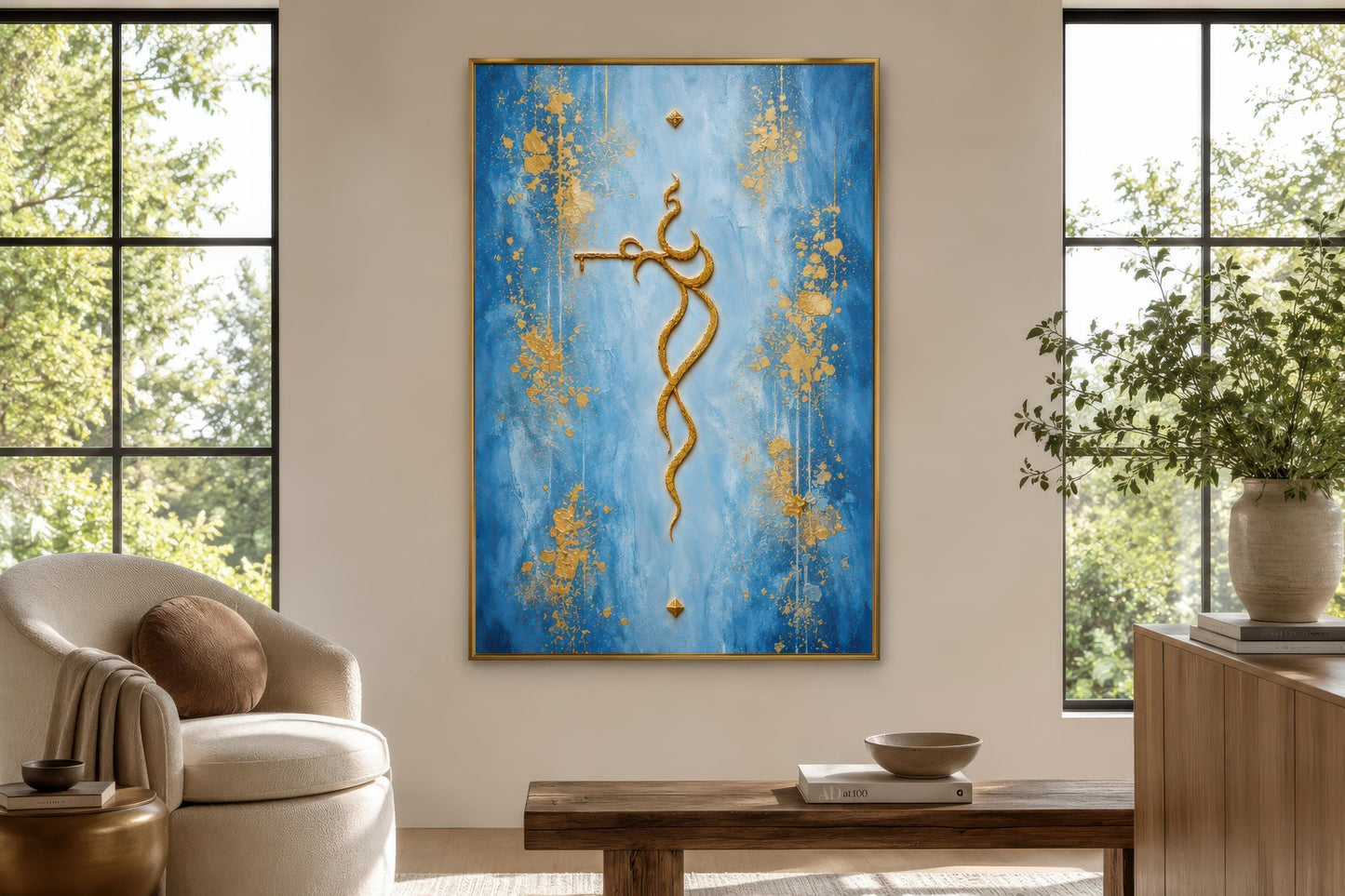 Krishna Wall Art – Minimalist Gold Krishna Painting on Blue Background Canvas Print