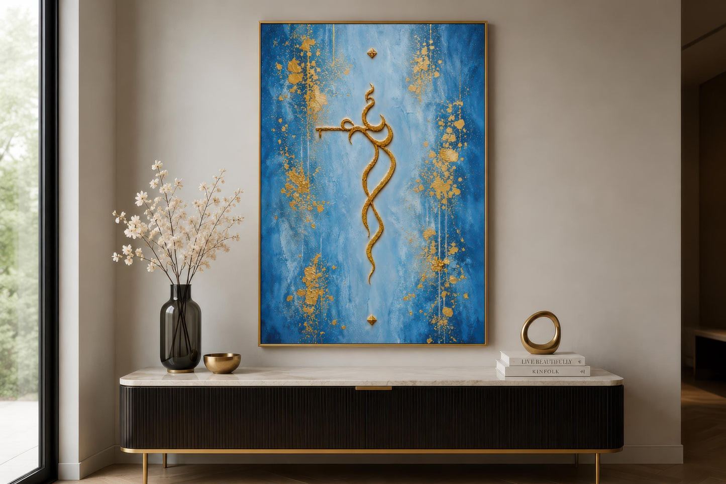 Krishna Wall Art – Minimalist Gold Krishna Painting on Blue Background Canvas Print