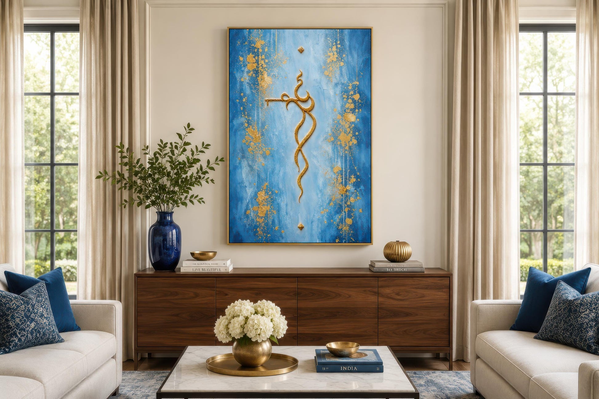 Krishna Wall Art – Minimalist Gold Krishna Painting on Blue Background Canvas Print