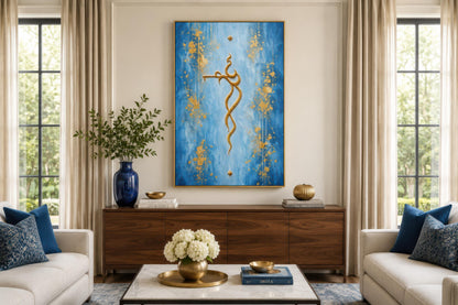 Krishna Wall Art – Minimalist Gold Krishna Painting on Blue Background Canvas Print