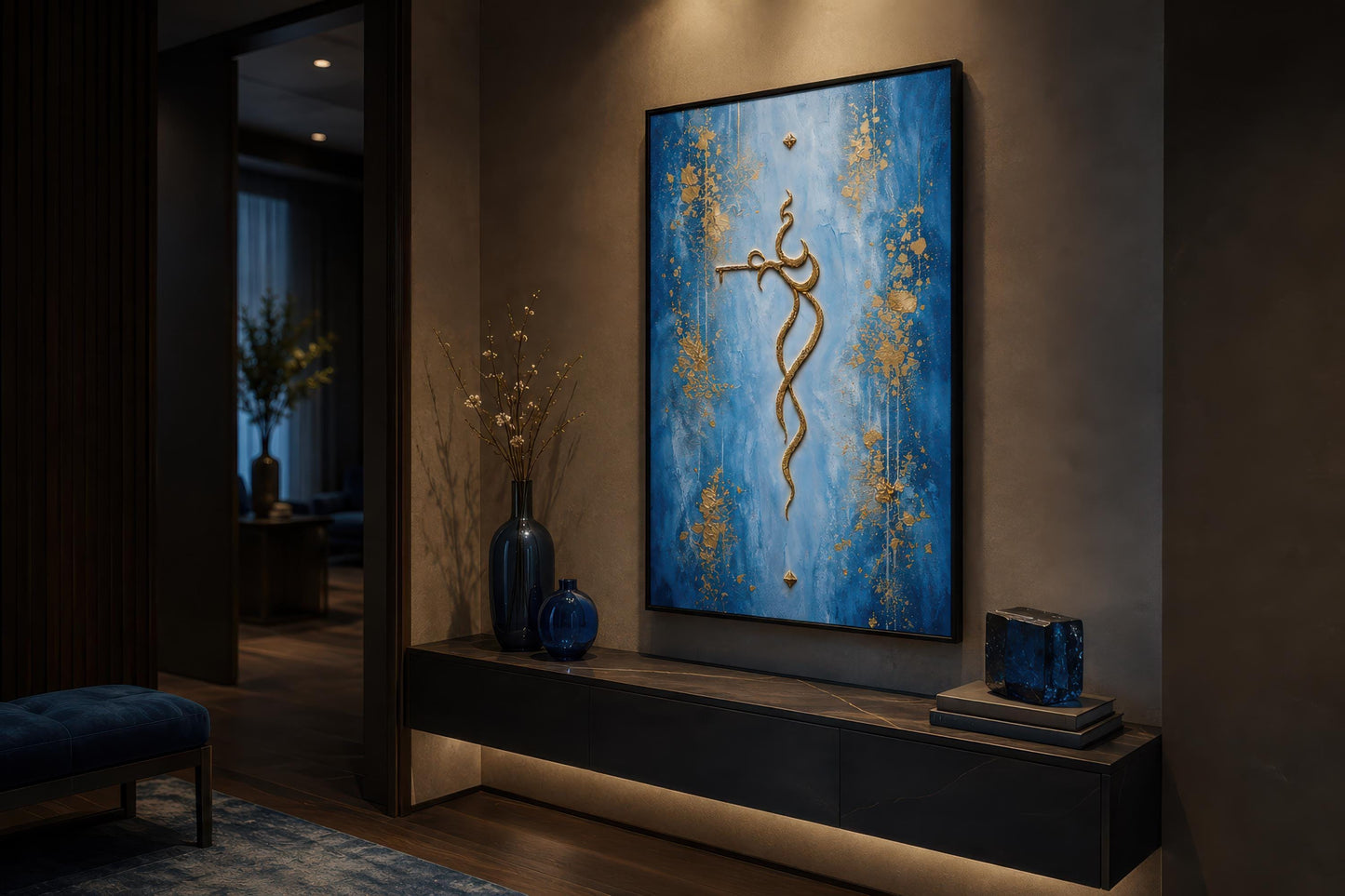 Krishna Wall Art – Minimalist Gold Krishna Painting on Blue Background Canvas Print