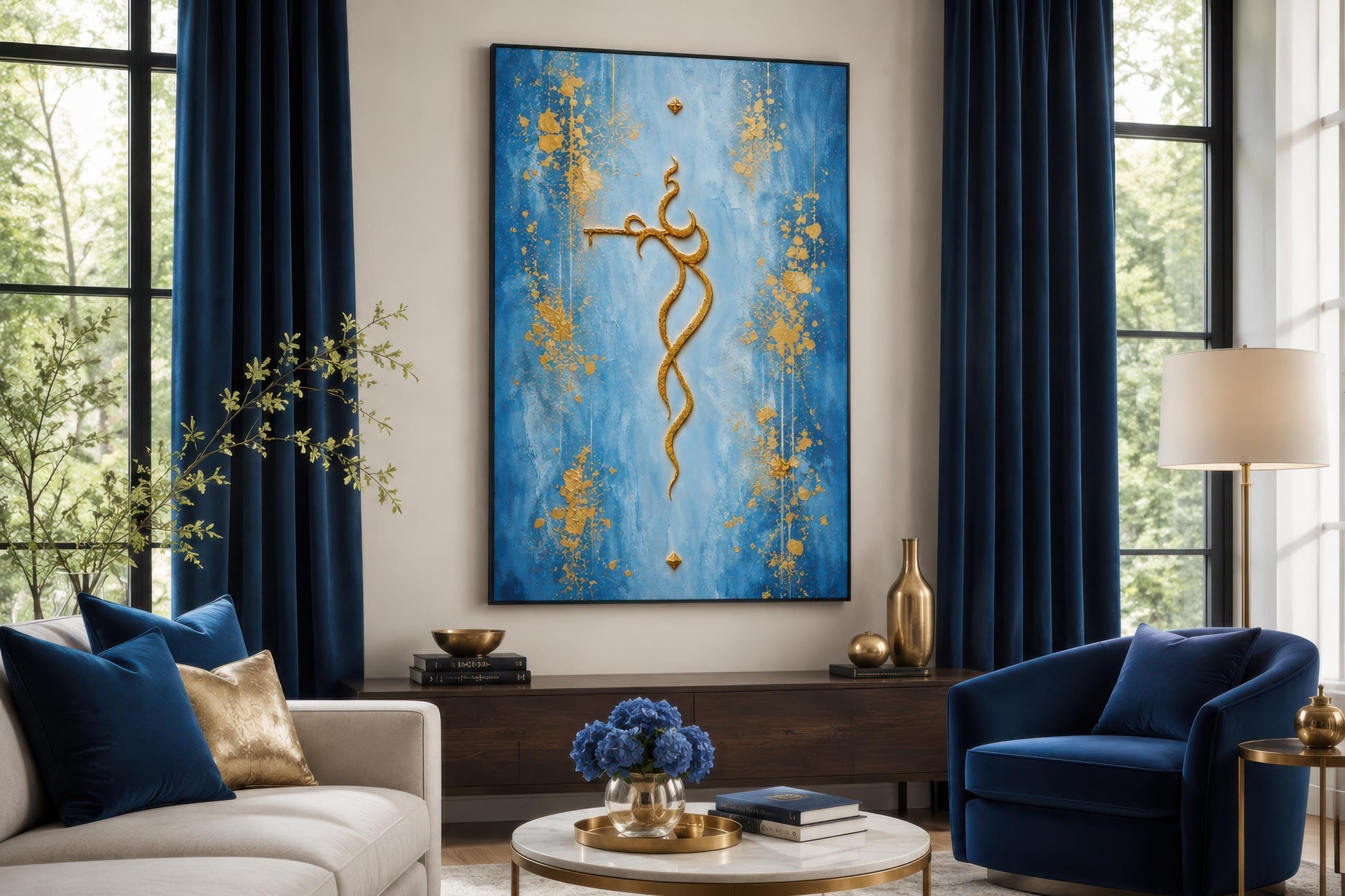 Krishna Wall Art – Minimalist Gold Krishna Painting on Blue Background Canvas Print