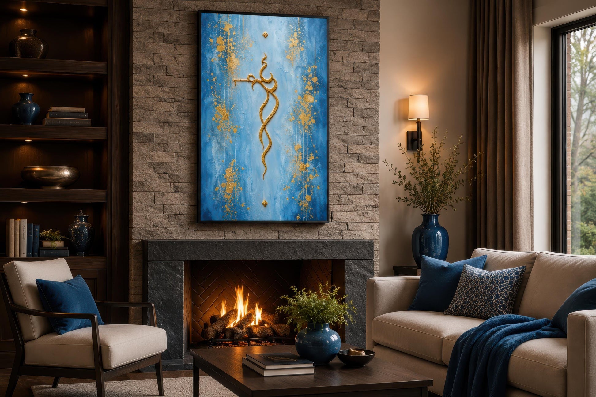 Krishna Wall Art – Minimalist Gold Krishna Painting on Blue Background Canvas Print
