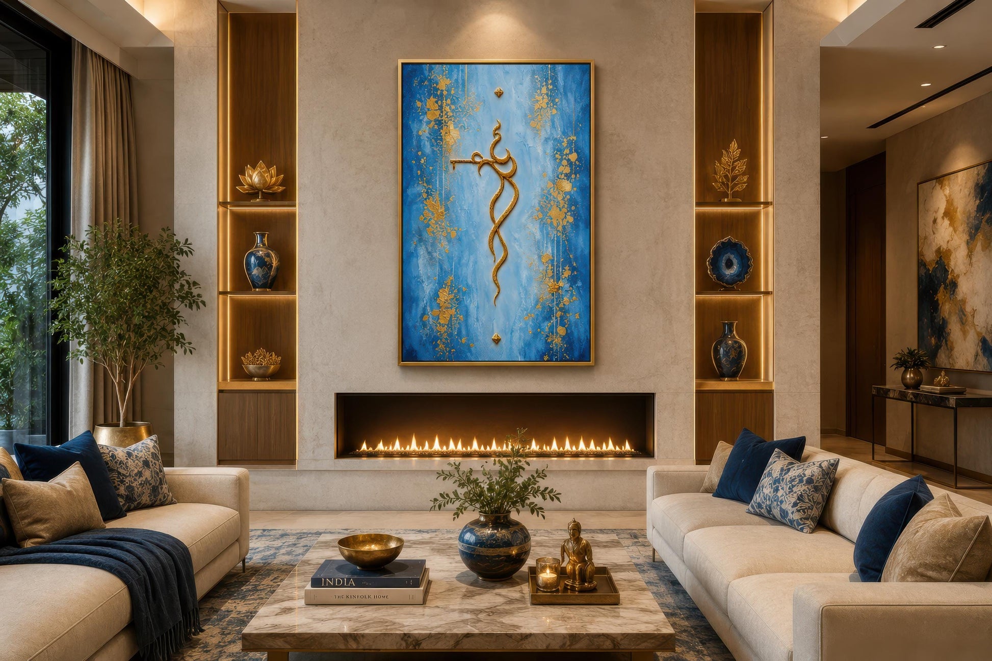 Krishna Wall Art – Minimalist Gold Krishna Painting on Blue Background Canvas Print