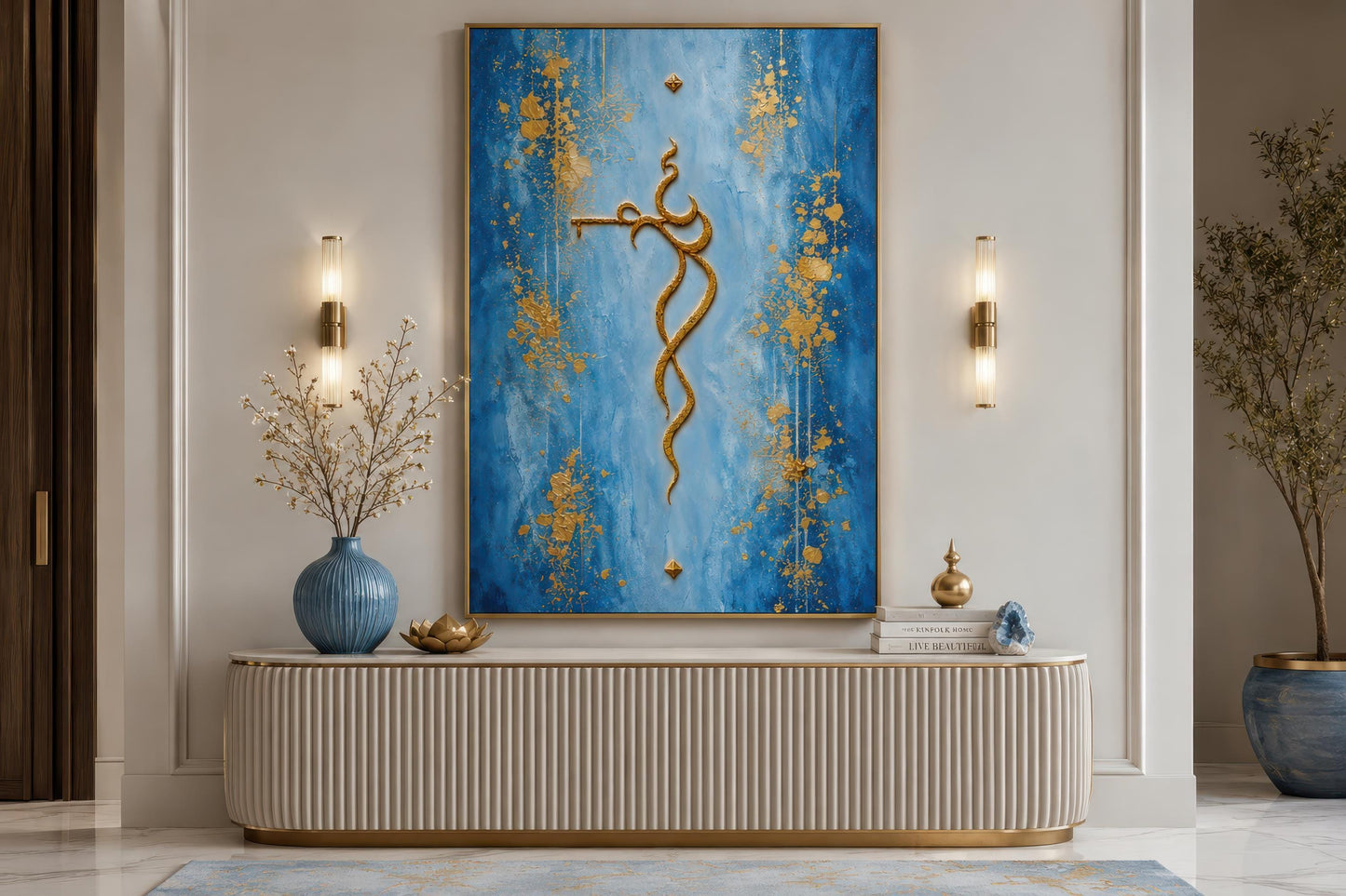 Krishna Wall Art – Minimalist Gold Krishna Painting on Blue Background Canvas Print