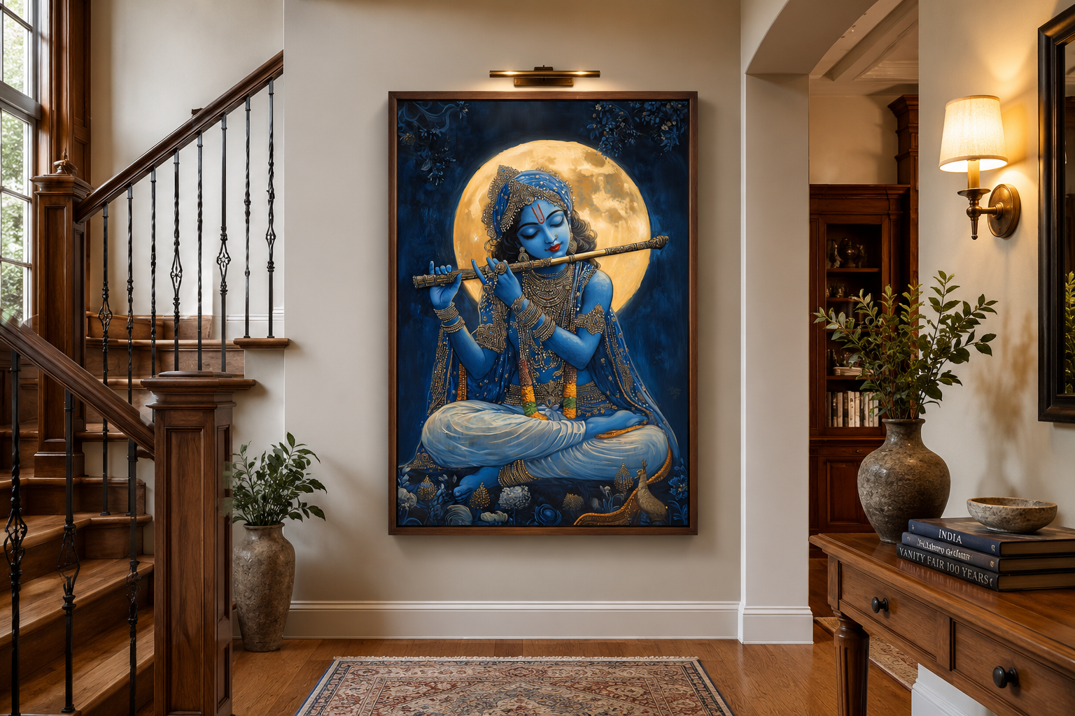 Blue Krishna Playing Flute Under Full Moon Framed Canvas Wall Art