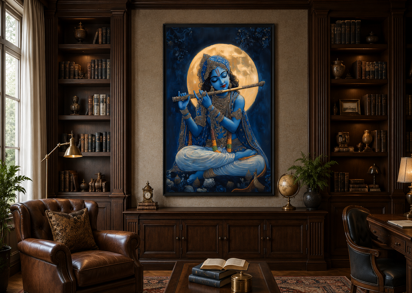 Blue Krishna Playing Flute Under Full Moon Framed Canvas Wall Art