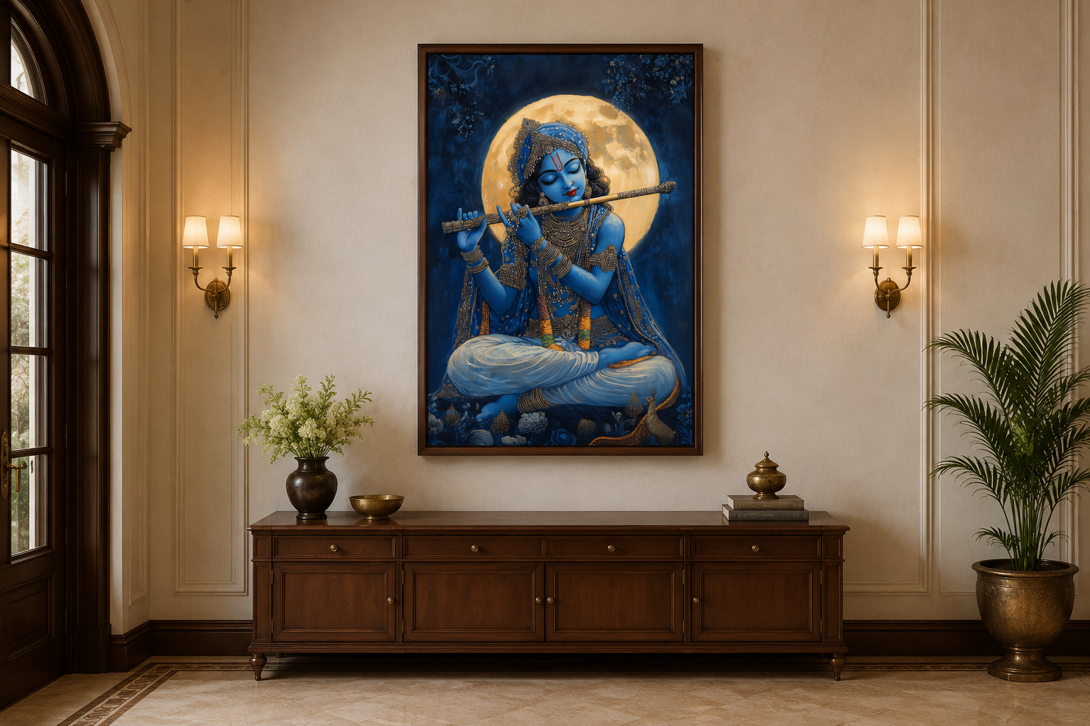 Blue Krishna Playing Flute Under Full Moon Framed Canvas Wall Art