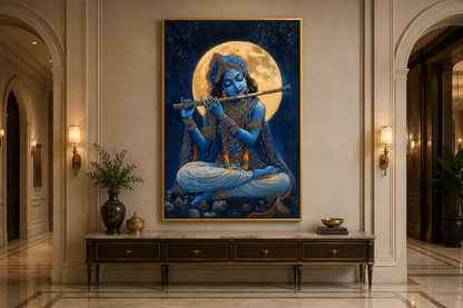 Blue Krishna Playing Flute Under Full Moon Framed Canvas Wall Art