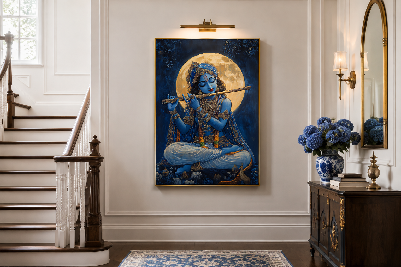 Blue Krishna Playing Flute Under Full Moon Framed Canvas Wall Art