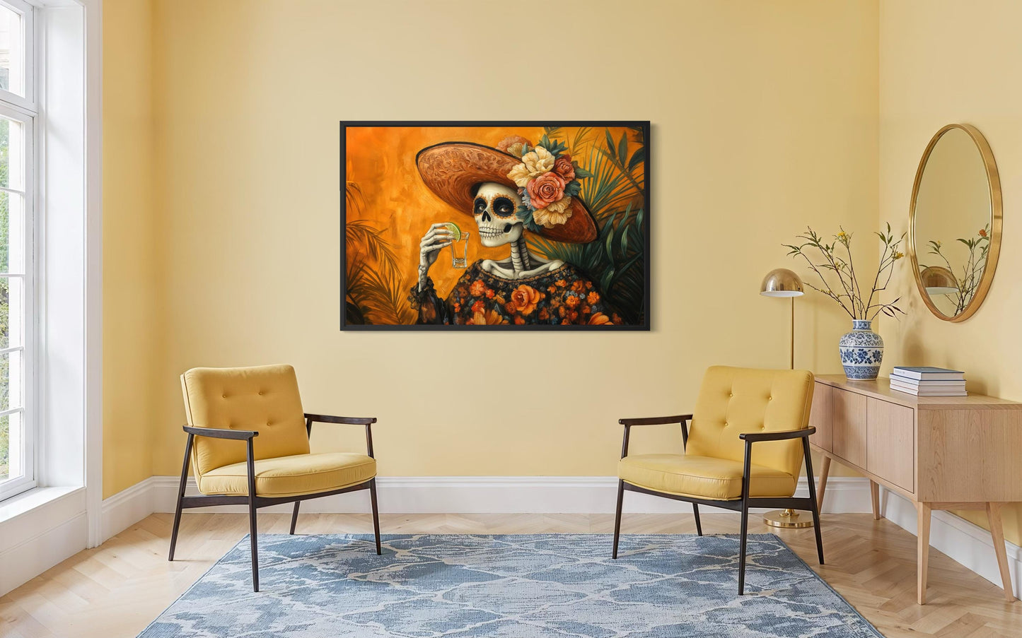 La Calavera Catrina Drinking Tequila Mexican Canvas Wall Art