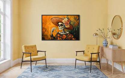 La Calavera Catrina Drinking Tequila Mexican Canvas Wall Art
