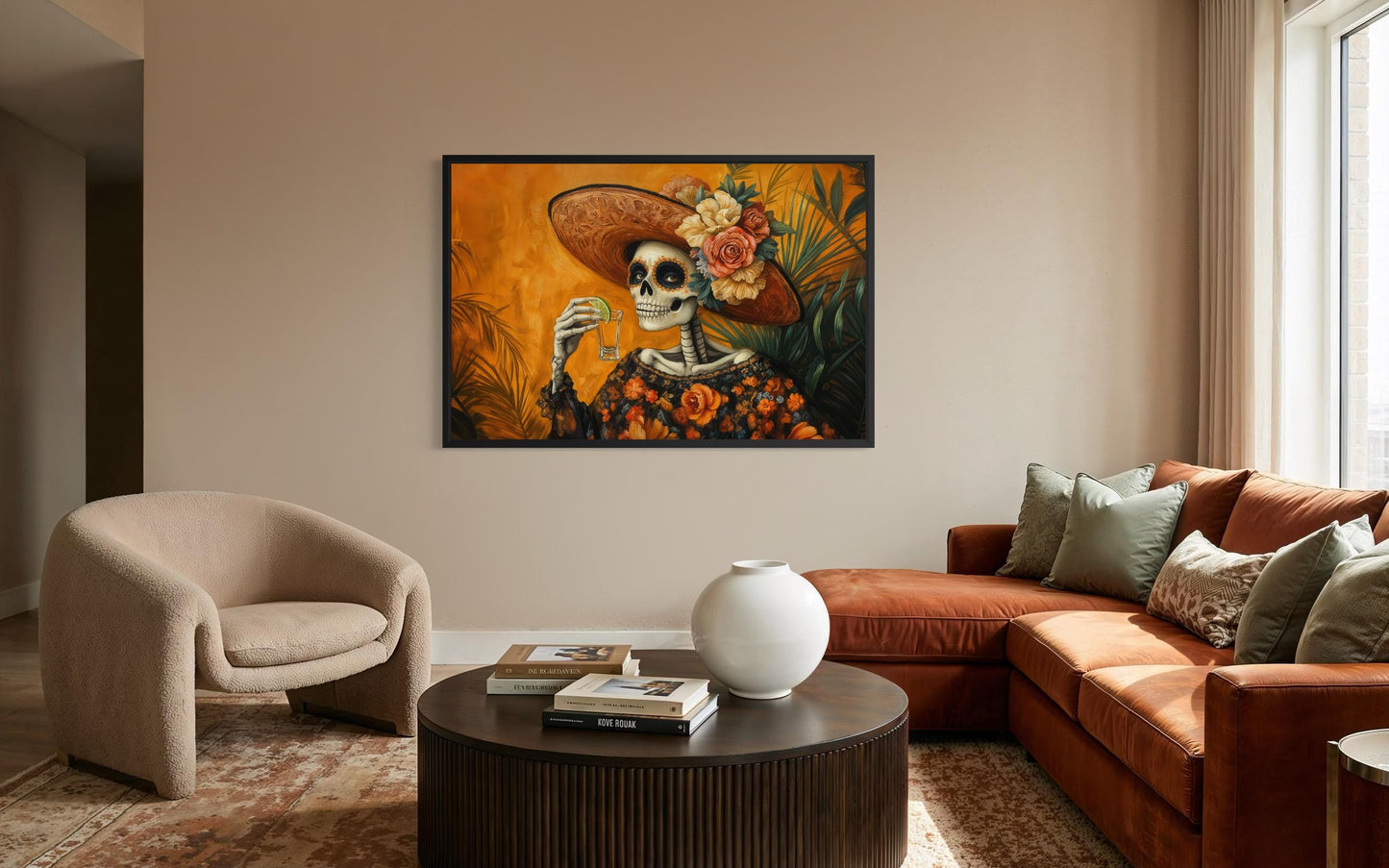 La Calavera Catrina Drinking Tequila Mexican Canvas Wall Art