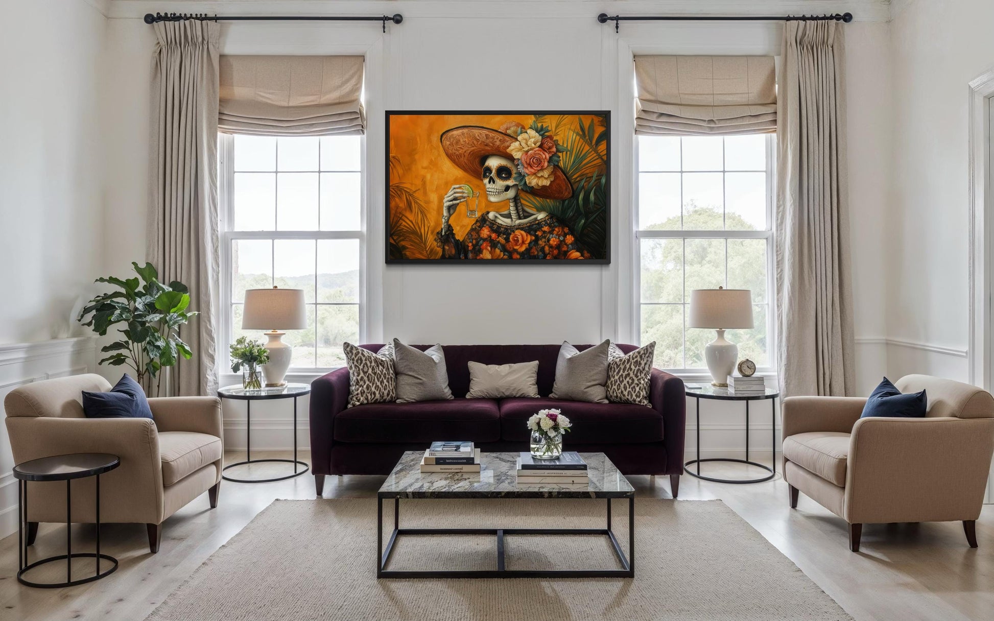 La Calavera Catrina Drinking Tequila Mexican Canvas Wall Art