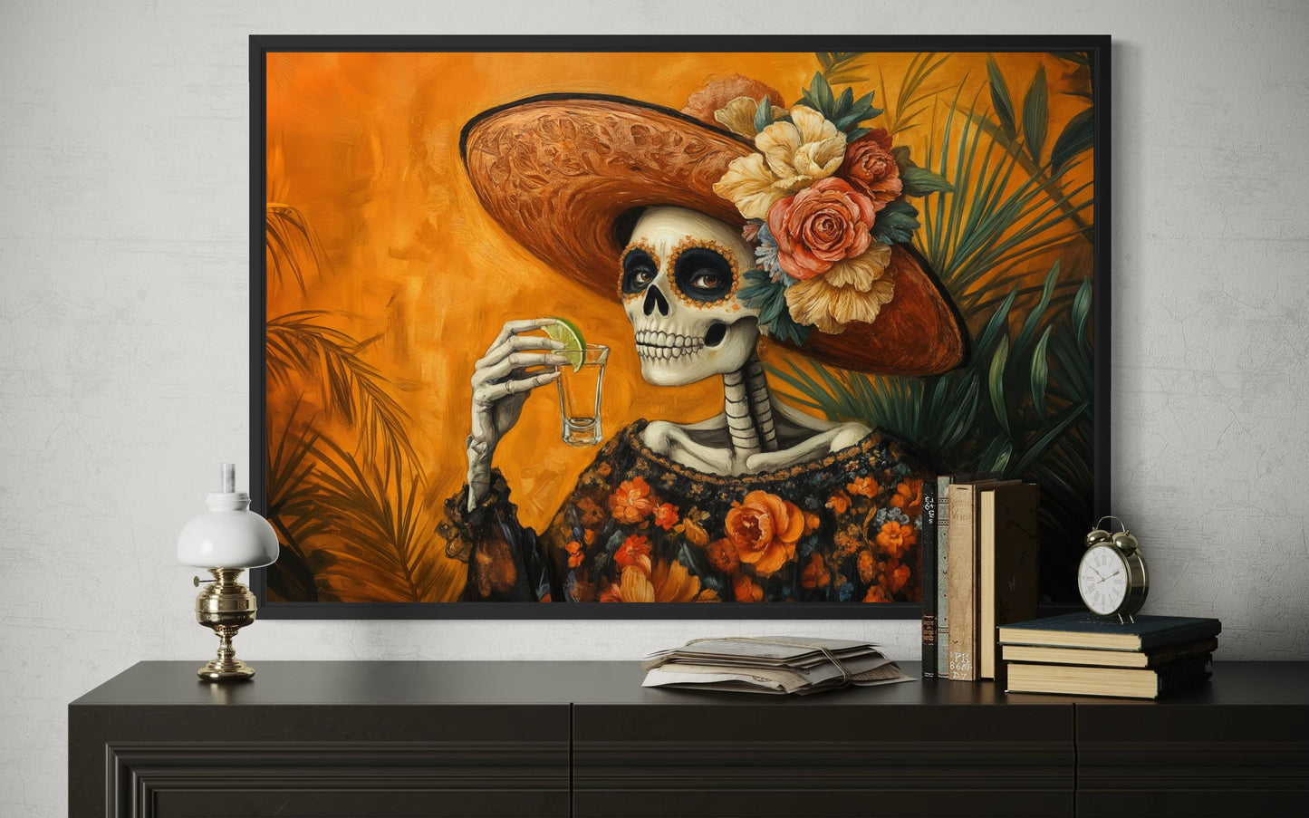 La Calavera Catrina Drinking Tequila Mexican Canvas Wall Art