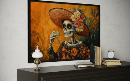La Calavera Catrina Drinking Tequila Mexican Canvas Wall Art